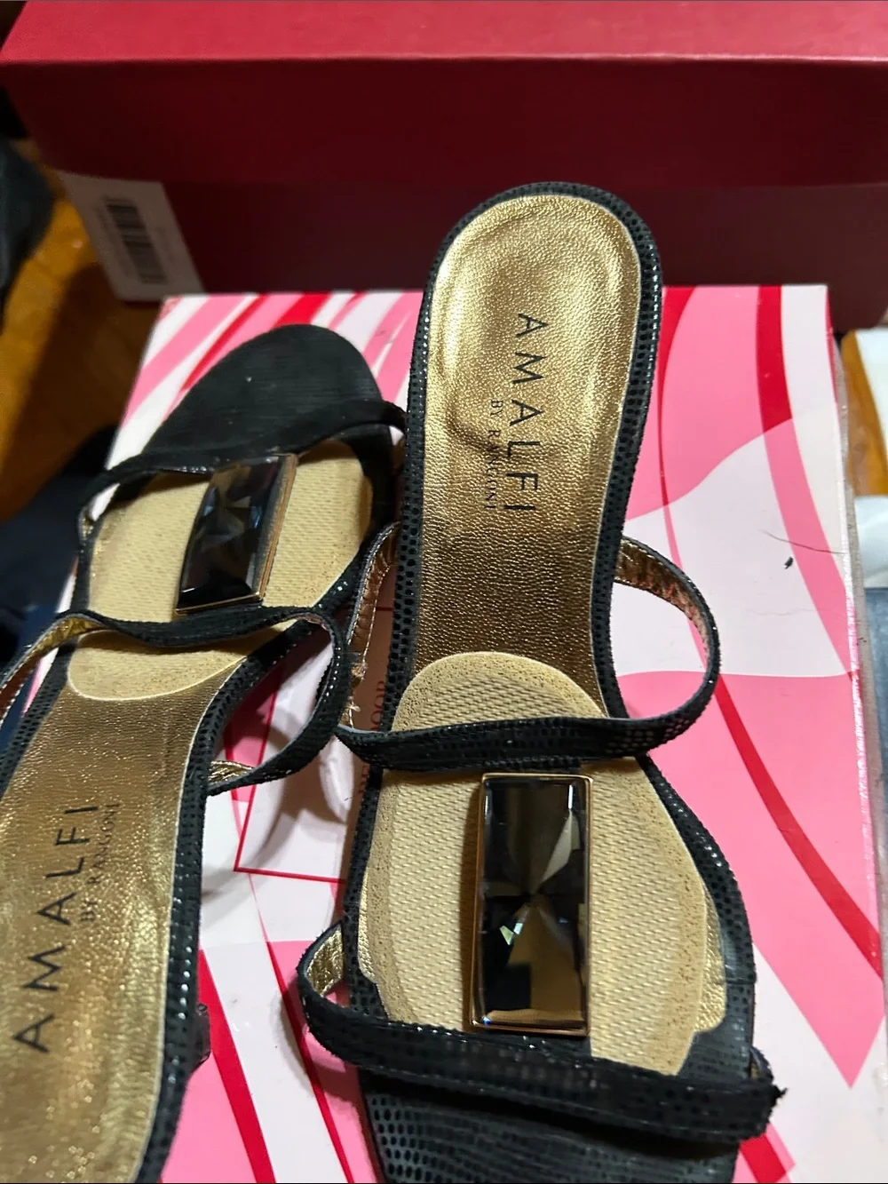 Amalfi Black Heeled Slide Sandals with Rectangular Gem